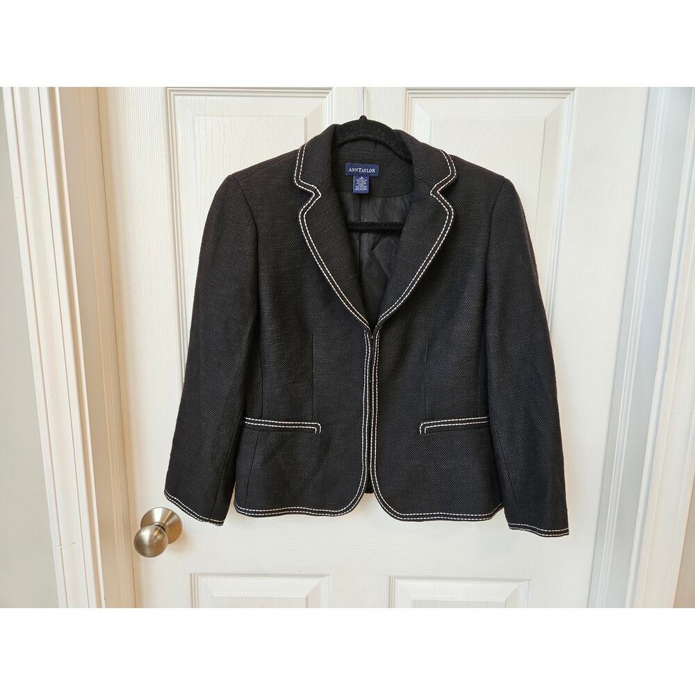 Ann Taylor Wool Blend Blazer Jacket Black White Contrast Stitch Career Size 8